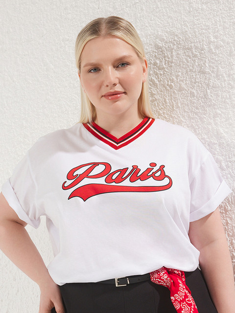 Trendyol Women Plus Size Typography Printed V-Neck Cotton T-shirt - Image 2