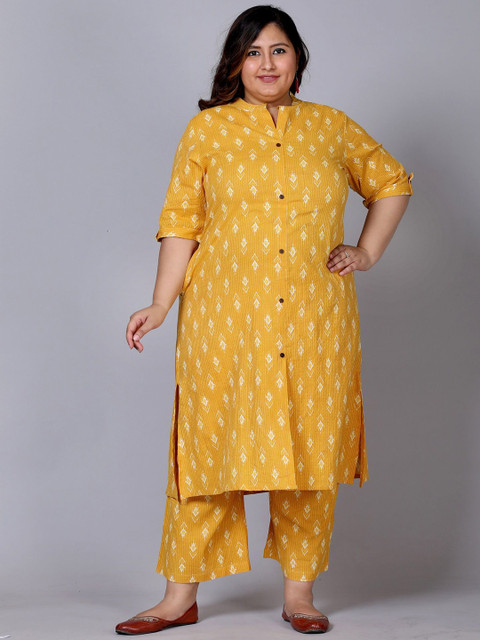 Gs Fashions Plus Size Printed Mandarin Collar Pure Cotton Tunic With Palazzo