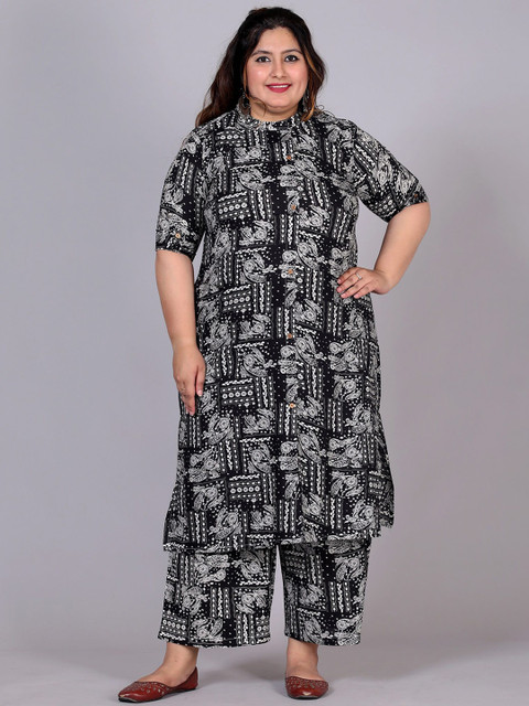 Gs Fashions Plus Size Printed Mandarin Collar Pure Cotton Tunic With Palazzo