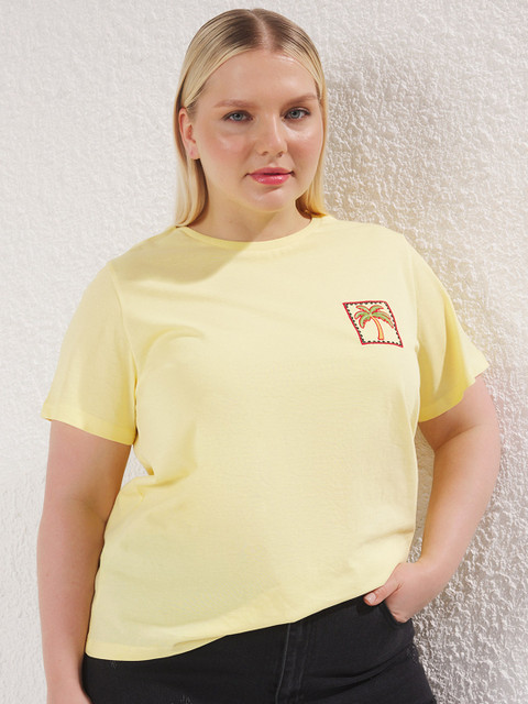 Trendyol Women Plus Size Graphic Printed Round Neck Cotton Oversized T-shirt