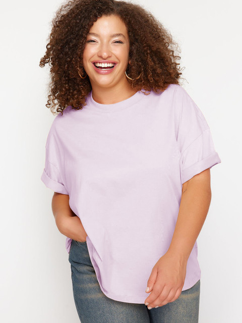 Trendyol Women Plus Size Solid Round Neck Cotton Oversized T-shirt