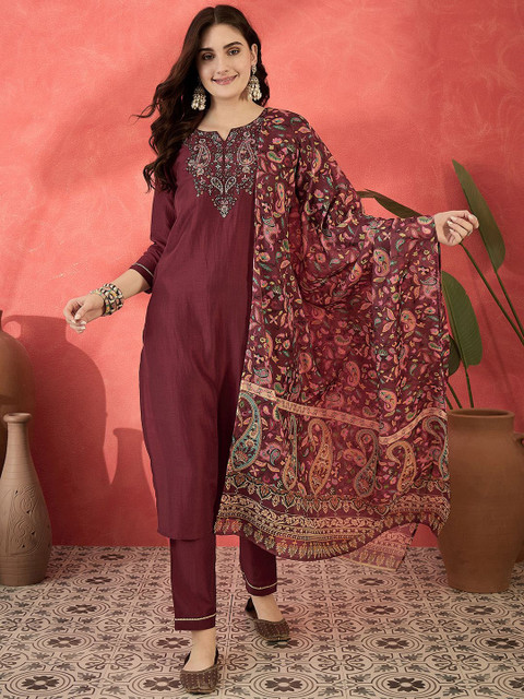 Sangria Floral Embroidered Notch Neck Sequinned Straight Kurta Trousers & Dupatta