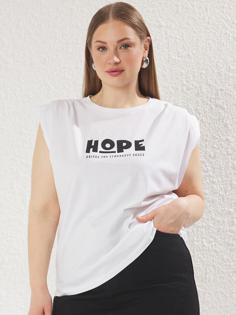 Trendyol Women Plus Size Typography Printed Round Neck Cotton T-shirt