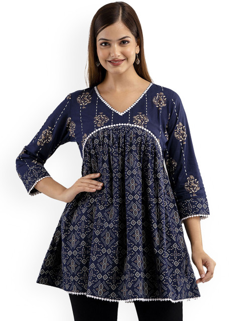 DMP FASHION Ethnic Motifs Printed V-Neck Pure Cotton Empire A-Line Kurti