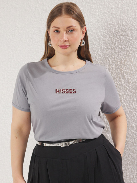 Trendyol Women Plus Size Solid Round Neck Cotton T-shirt