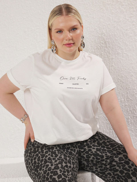 Trendyol Women Plus Size Typography Printed Round Neck Cotton Oversized T-shirt