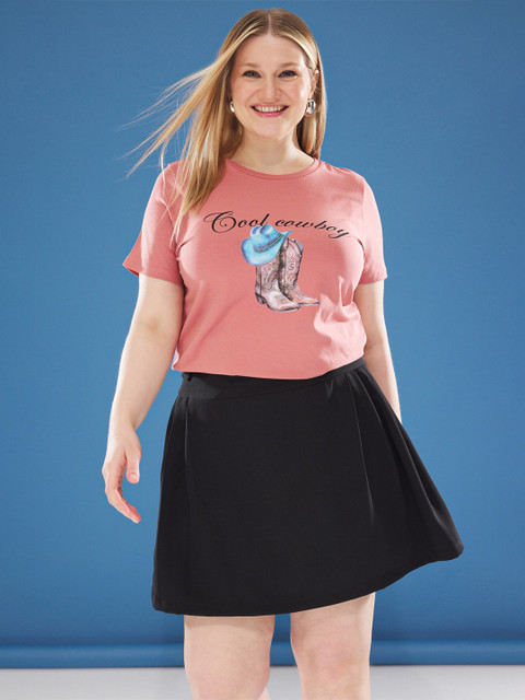 Trendyol Women Plus Size Graphic Printed Round Neck Cotton T-shirt