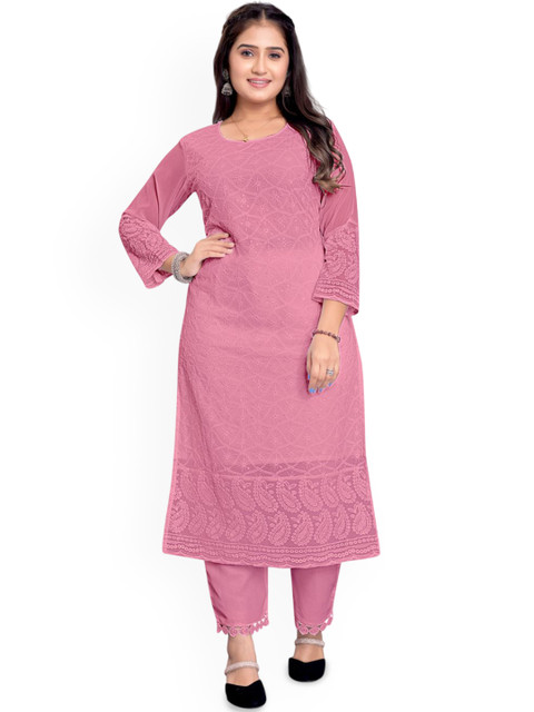 KAYRAAH Ethnic Motifs Embroidered Chikankari Georgette Kurta
