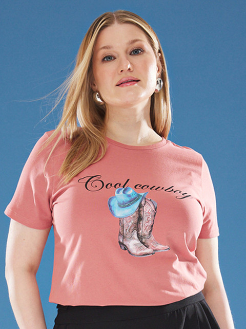 Trendyol Women Plus Size Graphic Printed Round Neck Cotton T-shirt - Image 2