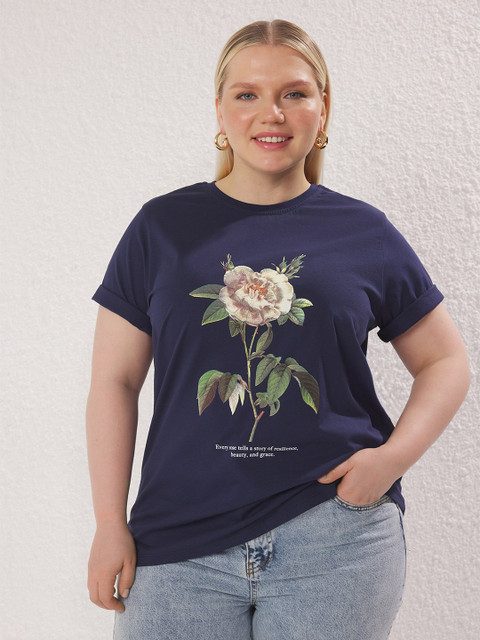 Trendyol Women Plus Size Floral Printed Round Neck Cotton Relaxed Fit T-shirt