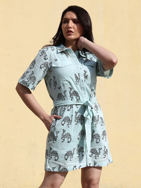 CUSTARD Women Blue Cotton Handblock Printed Shirt Collar Above Knee Length Jumspuit