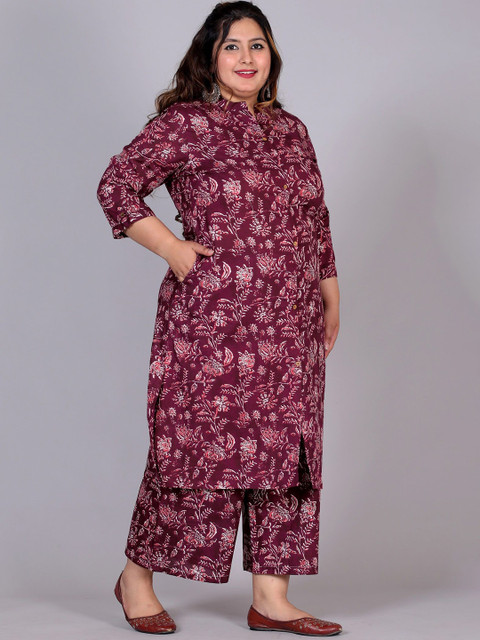 Gs Fashions Plus Size Printed Mandarin Collar Pure Cotton Tunic With Palazzo - Image 3