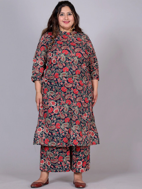 Gs Fashions Plus Size Floral Printed Mandarin Collar Pure Cotton Straight Kurta & Palazzoz