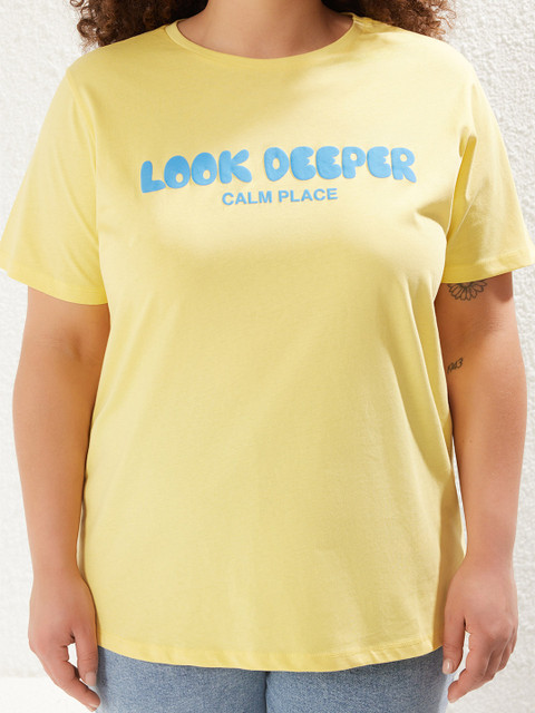 Trendyol Women Plus Size Typography Printed Round Neck Cotton Relaxed Fit T-shirt - Image 6