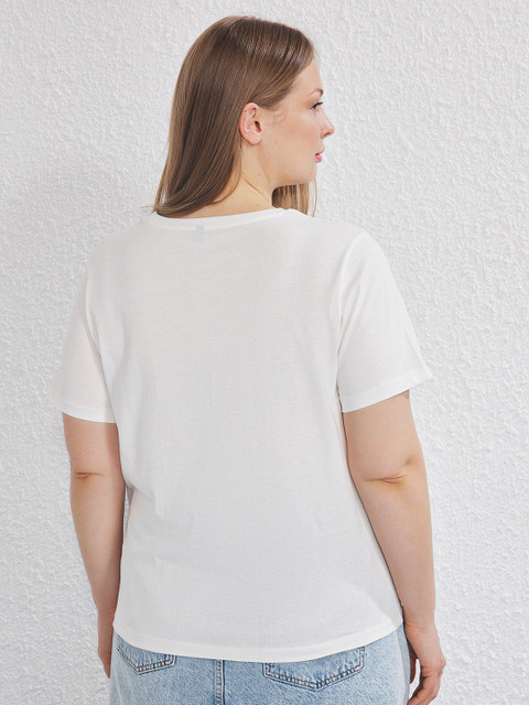 Trendyol Women Plus Size Typography Printed Round Neck Cotton T-shirt - Image 4