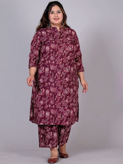 Gs Fashions Plus Size Printed Mandarin Collar Pure Cotton Tunic With Palazzo