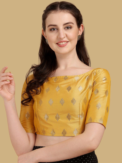 Oomph! Jacquard Boat Neck Short Sleeves Saree Blouse