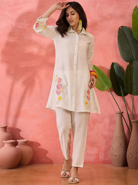 Sangria Embroidered Shirt Collar Roman Silk Tunic With Trouser