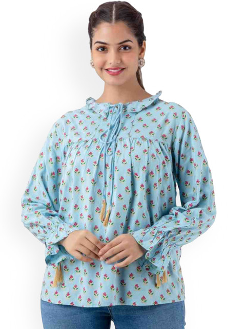 DMP FASHION Floral Printed Tie-Up Neck Puff Sleeves Cotton Pleated Tops