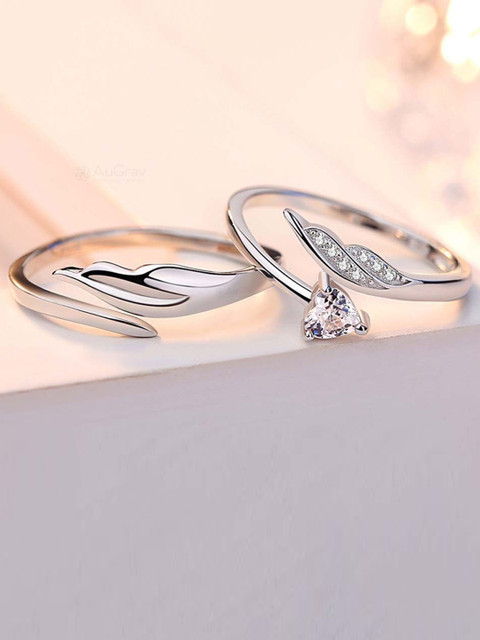 PASU FASHION Set Of 2 Silver Plated Crystals Stones Studded Adjustable Couple Finger Rings