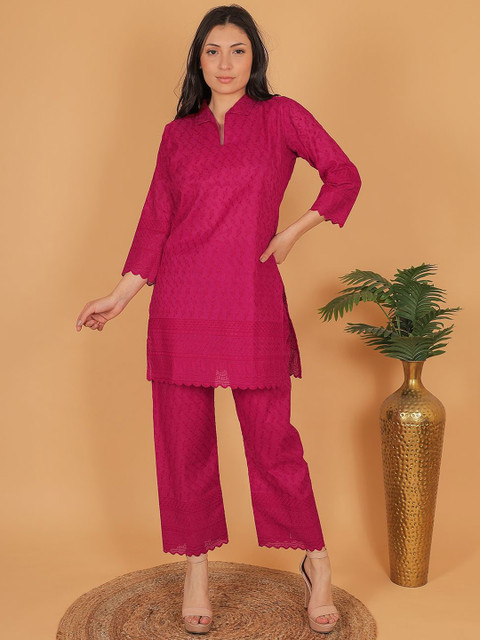 Trendzmy Floral Embroidered Shirt Collar Tunic With Trouser