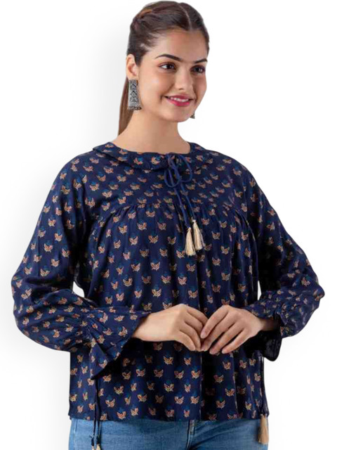 DMP FASHION Floral Printed Tie-Up Neck Puff Sleeves Cotton Pleated Tops