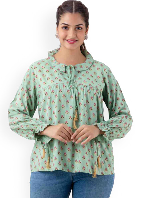 DMP FASHION Floral Printed Tie-Up Neck Puff Sleeves Cotton Pleated Tops