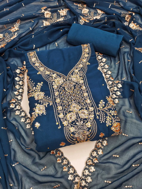 LeeliPeeri Designer Floral Embroidered Zari Georegette Unstitched Dress Material