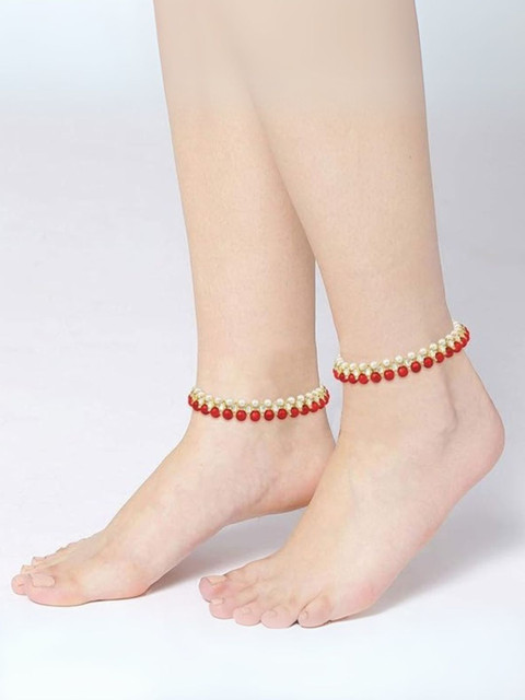 I Jewels Gold-Plated Kundan Studded and Pearls Beaded Anklet
