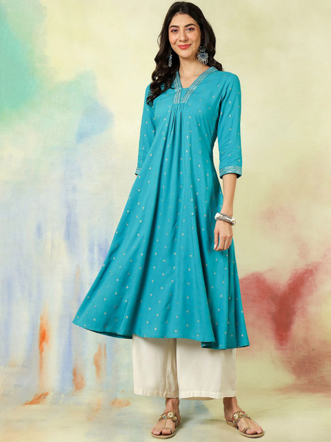 Sangria Ethnic Motifs Printed V-Neck A-Line Kurta