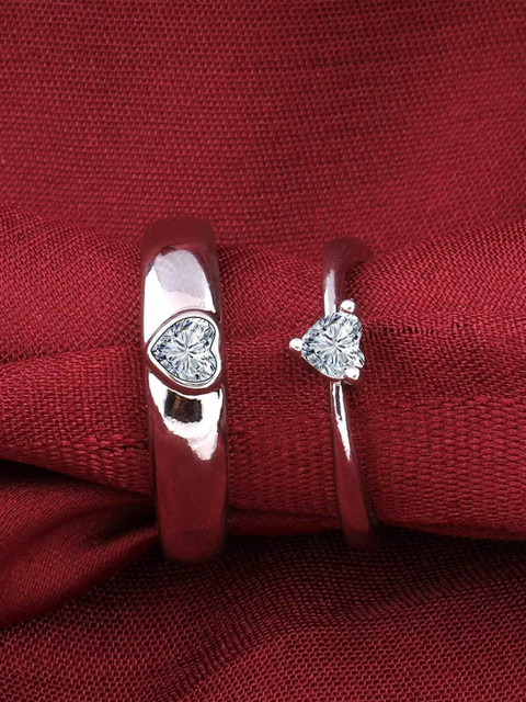 PASU FASHION Set Of 2 Silver Plated Crystals Stones Studded Adjustable Couple Finger Rings