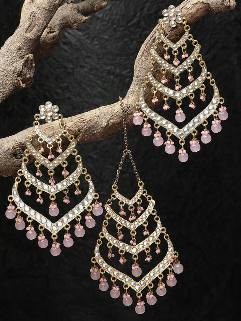 Sangria Gold-Plated Kundan Stone Studded & Pearls Beaded Jewellery Set