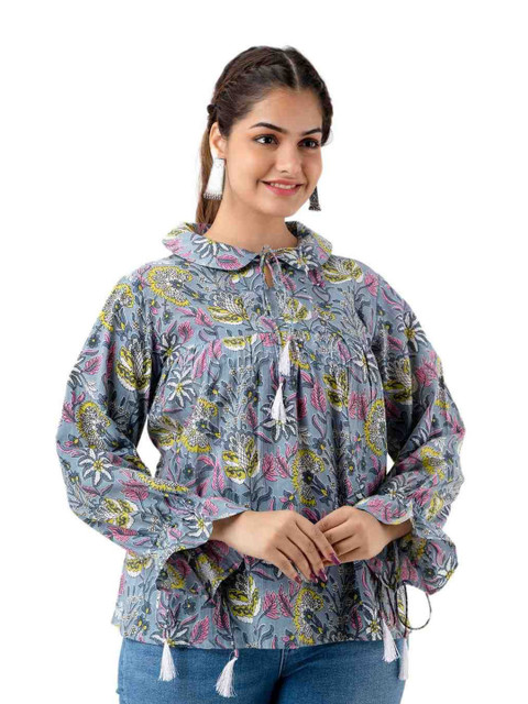 DMP FASHION Floral Printed Tie-Up Neck Puff Sleeves Cotton Pleated Tops