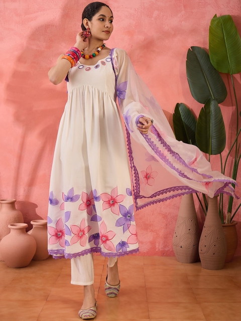 Sangria Embroidered Shoulder Straps Anarkali Kurta With Trousers & Dupatta