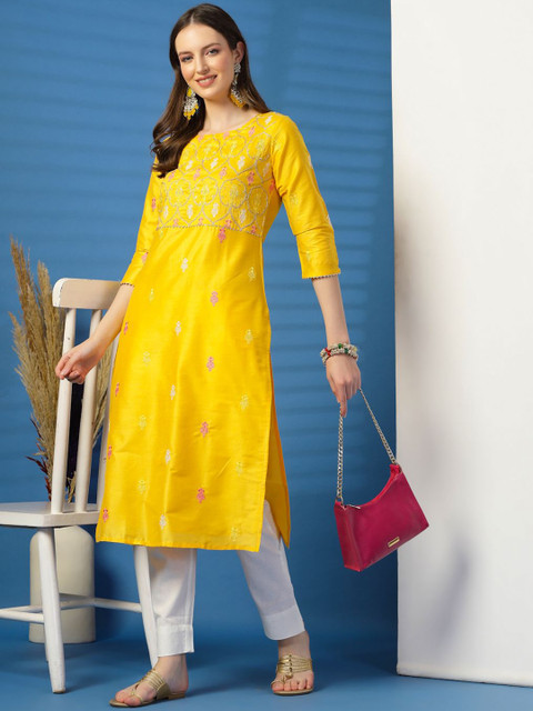 Sangria Floral Embroidered Thread Work Straight Kurta