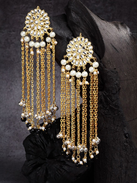 Sangria Gold-Plated Kundan Studded & Beaded Tasselled Contemporary Drop Earrings