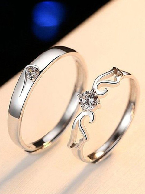 PASU FASHION Set Of 2 Silver Plated Crystals Stones Studded Adjustable Couple Finger Rings