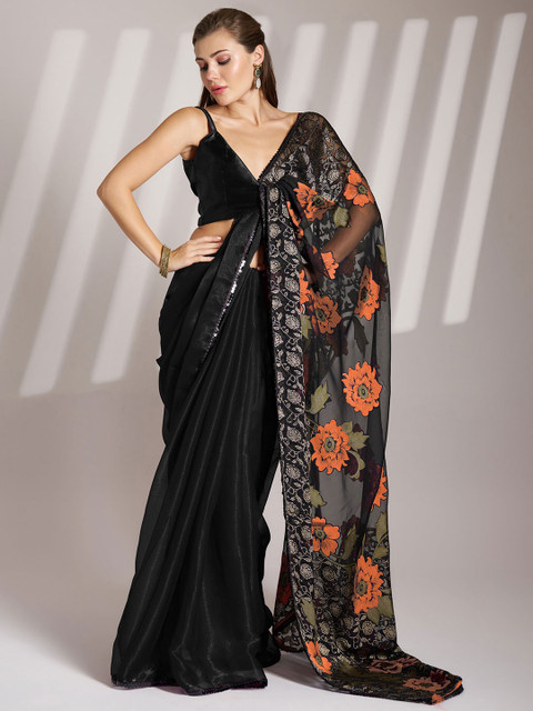 Kalista Floral Print Sequinned Chiffon Saree - Image 4