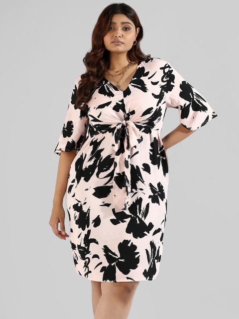Instafab Plus Women Plus Size V-Neck Printed Flared Sleeve Tie-Up A-Line Dress