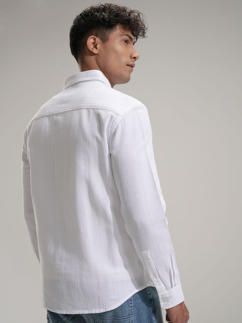 HIGHLANDER Men Comfort Relaxed Fit Textured Spread Collar Cotton Casual Shirt - Image 5