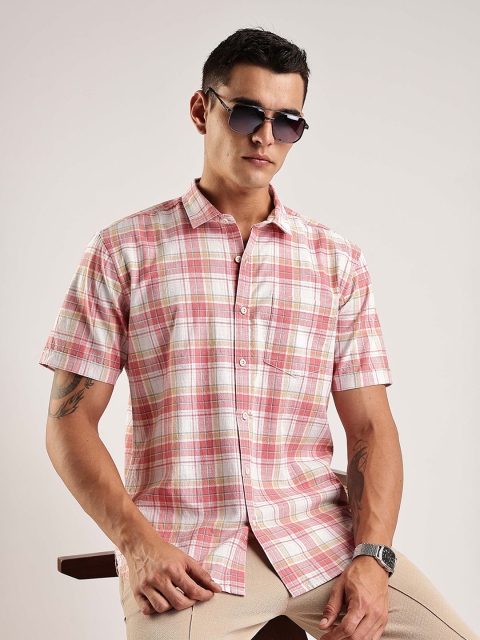 HERE&NOW Men Tartan Checked Spread Collar Cotton Casual Shirt