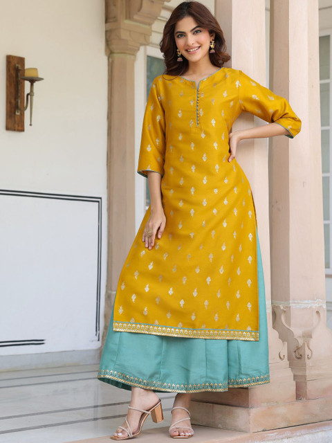 KALINI Women Mustard Silk Blend Foil Printed Anarkali Ethnic Dress