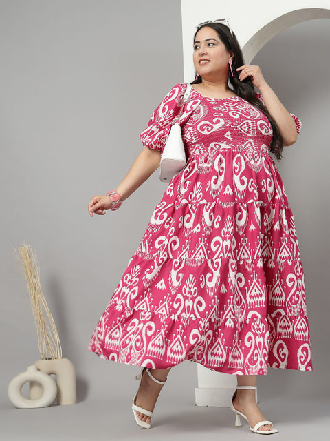 CURVE BY KASSUALLY Women Plus Size Printed Puff Sleeve Fit & Flare Midi Dress