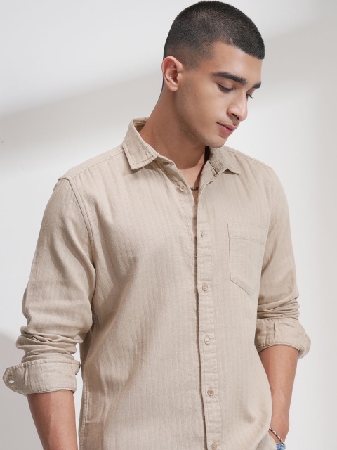 HIGHLANDER Men Comfort Relaxed Fit Textured Spread Collar Cotton Casual Shirt