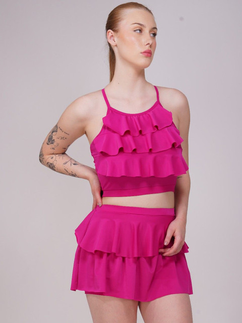 Poftik Women Full Coverage Padded Shoulder Straps Top & Skirt Swim Set