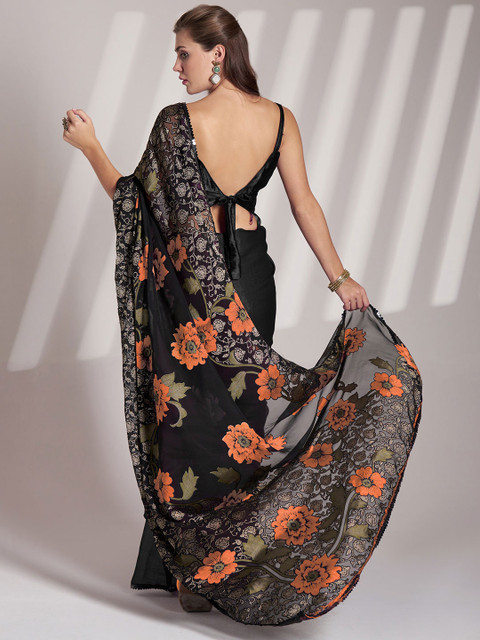 Kalista Floral Print Sequinned Chiffon Saree - Image 3