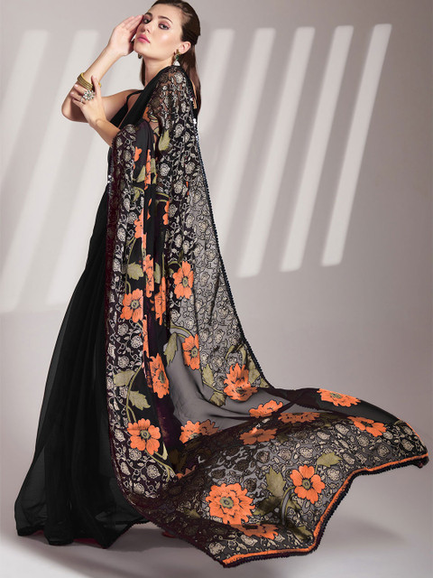 Kalista Floral Print Sequinned Chiffon Saree - Image 2