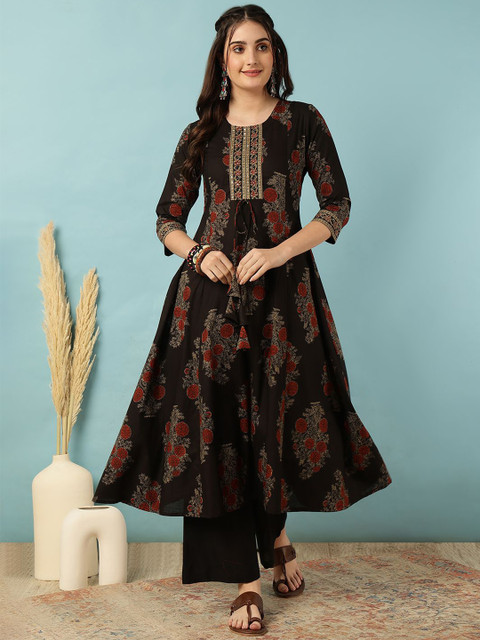 GULMOHAR JAIPUR Floral Printed Mirror Work Pure Cotton Kurta With Palazzos