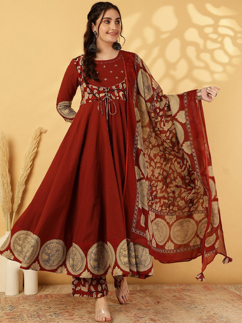 GULMOHAR JAIPUR Floral Printed Anarkali Kurta With Palazzos & Dupatta