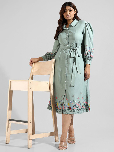 Instafab Plus Women Print Shirt Collar Cuffed Sleeves Tie-Ups Shirt Midi Dress